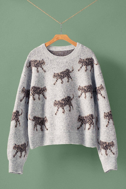 Cozy Knit Leopard Pattern Crewneck Sweater