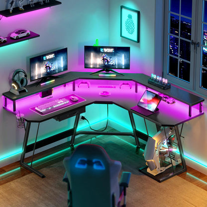 L-Shaped Gaming Desk Corner Table Computer Desk with RGB Light & Power Outlets