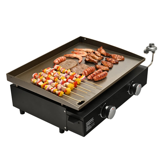22" Outdoor Tabletop Propane Gas Grill 2-Burner Camping Portable Griddle