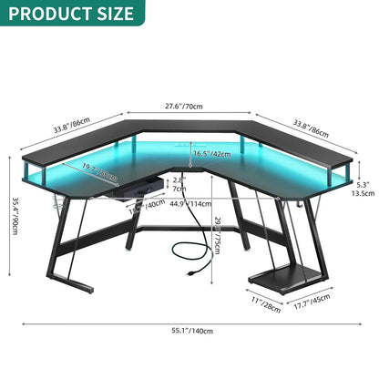 L-Shaped Gaming Desk Corner Table Computer Desk with RGB Light & Power Outlets