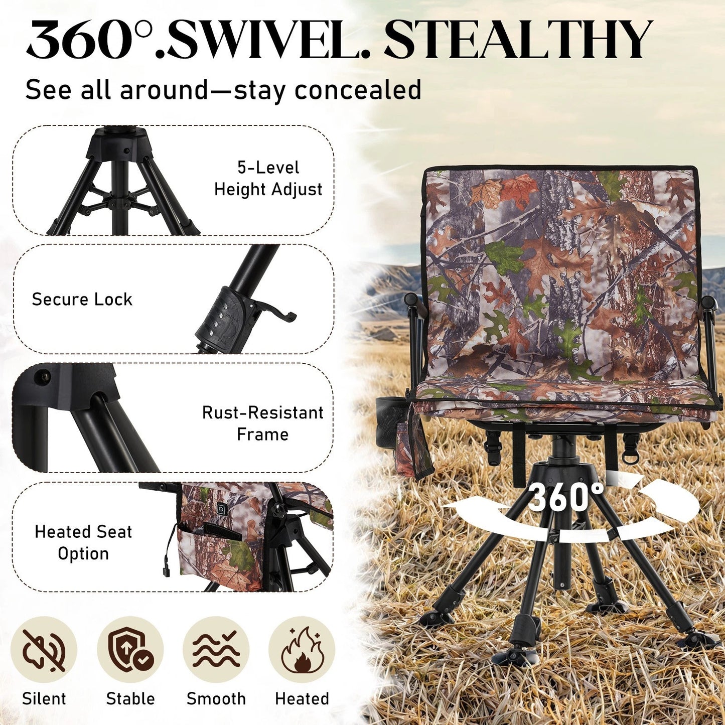 Danrelax Heated Camo Swivel Hunting Chair with Gun Rest & Detachable Cover – 330lb Weight Capacity