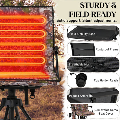 Danrelax Heated Camo Swivel Hunting Chair with Gun Rest & Detachable Cover – 330lb Weight Capacity