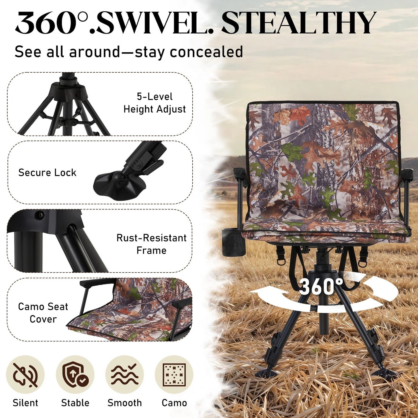 Danrelax Heated Camo Swivel Hunting Chair with Gun Rest & Detachable Cover – 330lb Weight Capacity