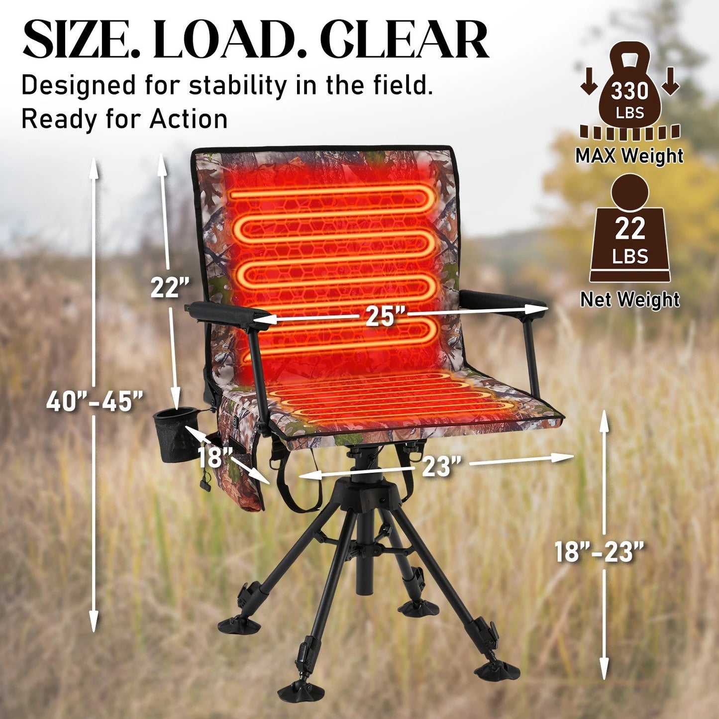 Danrelax Heated Camo Swivel Hunting Chair with Gun Rest & Detachable Cover – 330lb Weight Capacity
