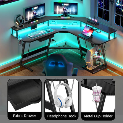 L-Shaped Gaming Desk Corner Table Computer Desk with RGB Light & Power Outlets