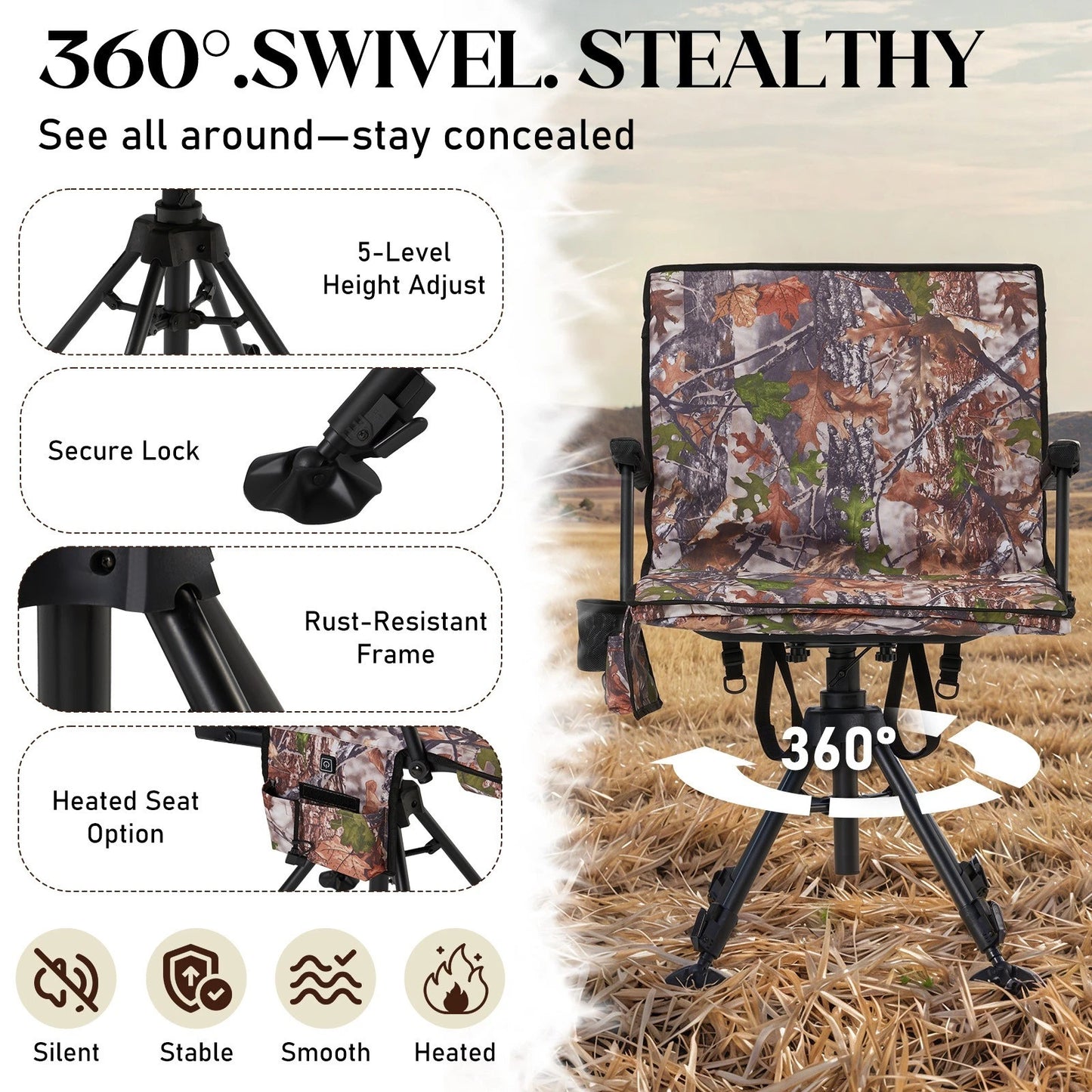 Danrelax Heated Camo Swivel Hunting Chair with Gun Rest & Detachable Cover – 330lb Weight Capacity