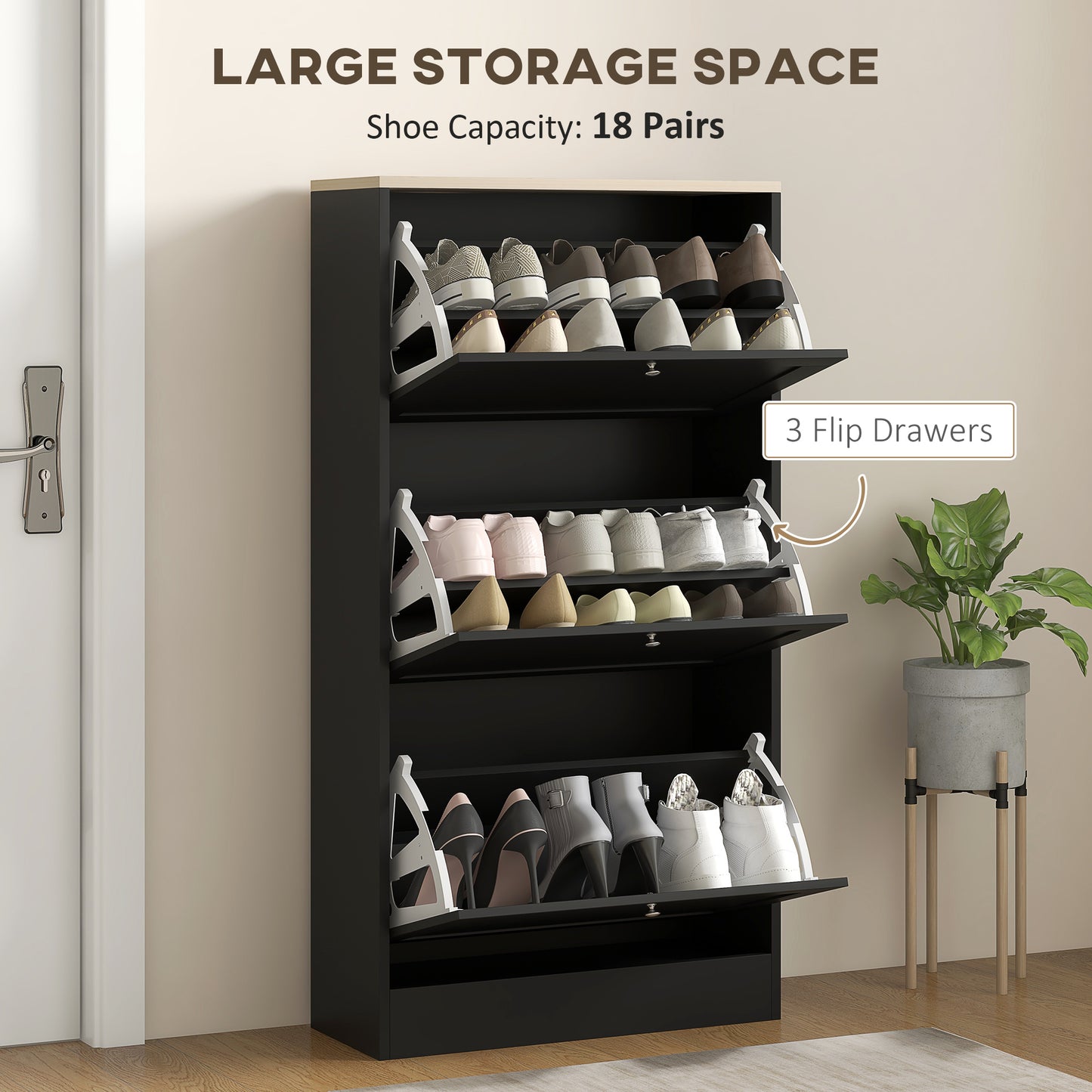 Modern Shoe Cabinet with 3 Flip Drawers for 12-18 Pairs of Shoes