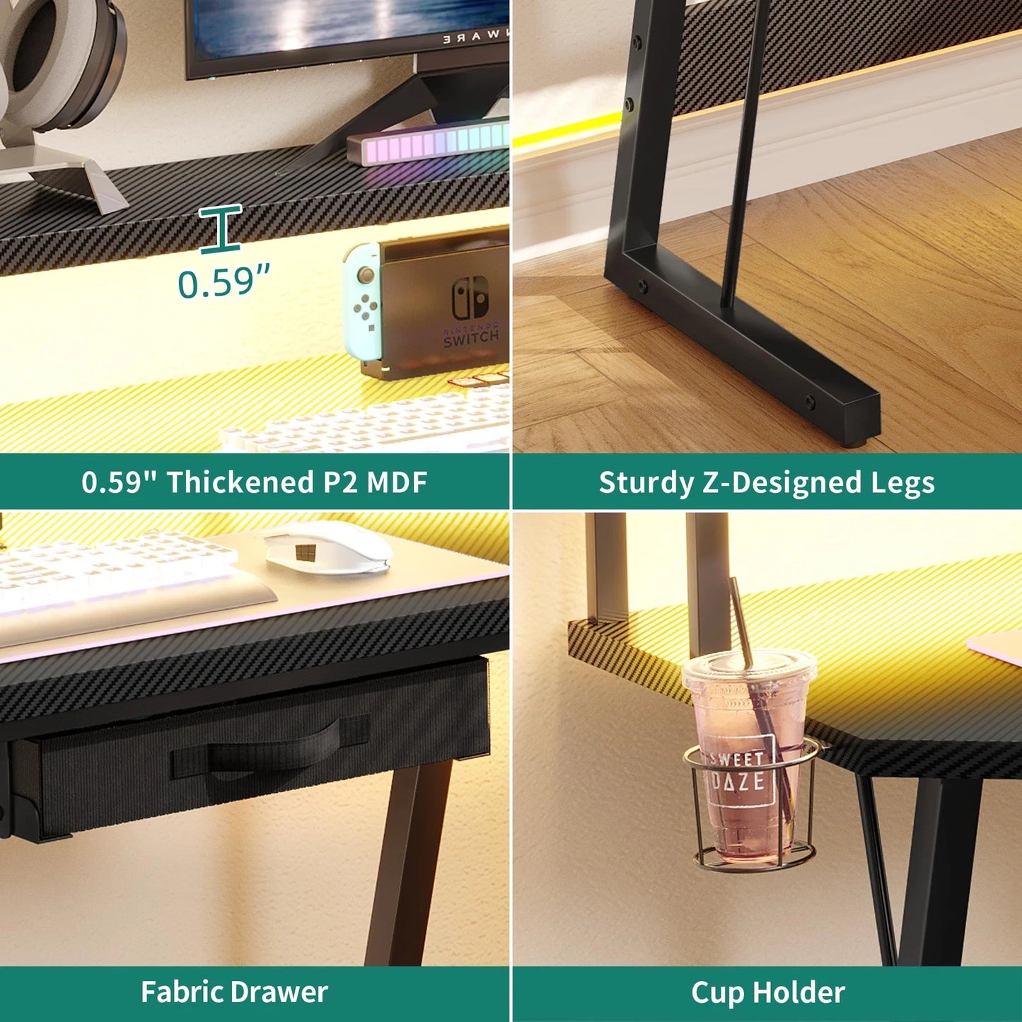 L-Shaped Gaming Desk Corner Table Computer Desk with RGB Light & Power Outlets