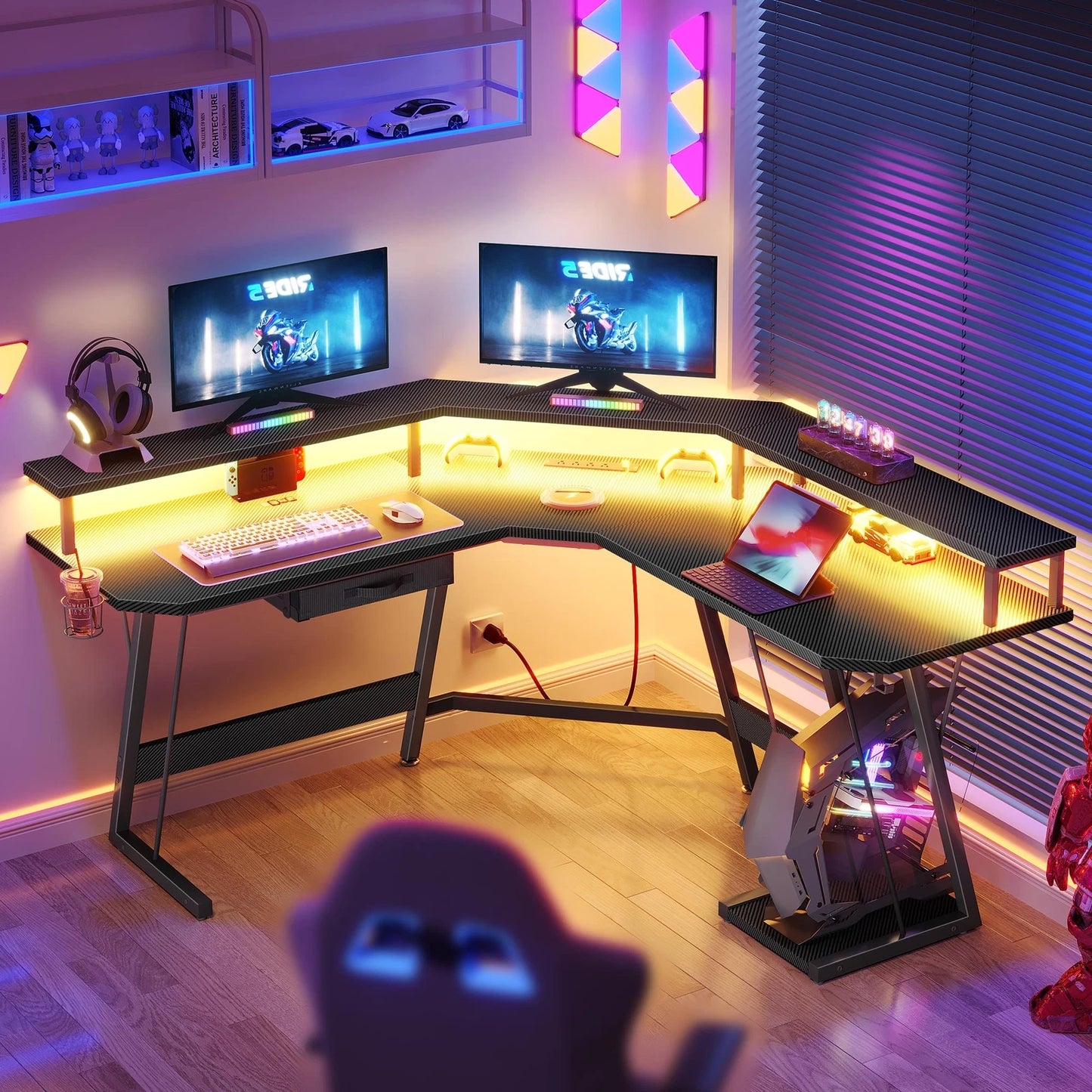 L-Shaped Gaming Desk Corner Table Computer Desk with RGB Light & Power Outlets