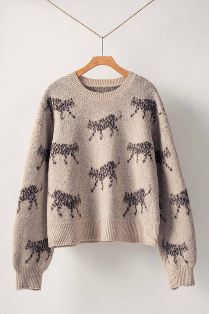 Cozy Knit Leopard Pattern Crewneck Sweater