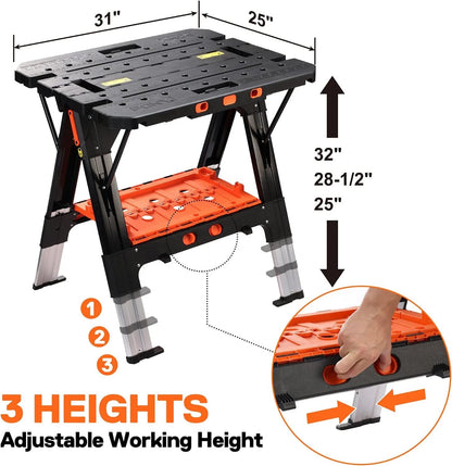 Portable 2-in-1 Folding Sawhorse Work Table Workbench 1000lbs Load Capacity