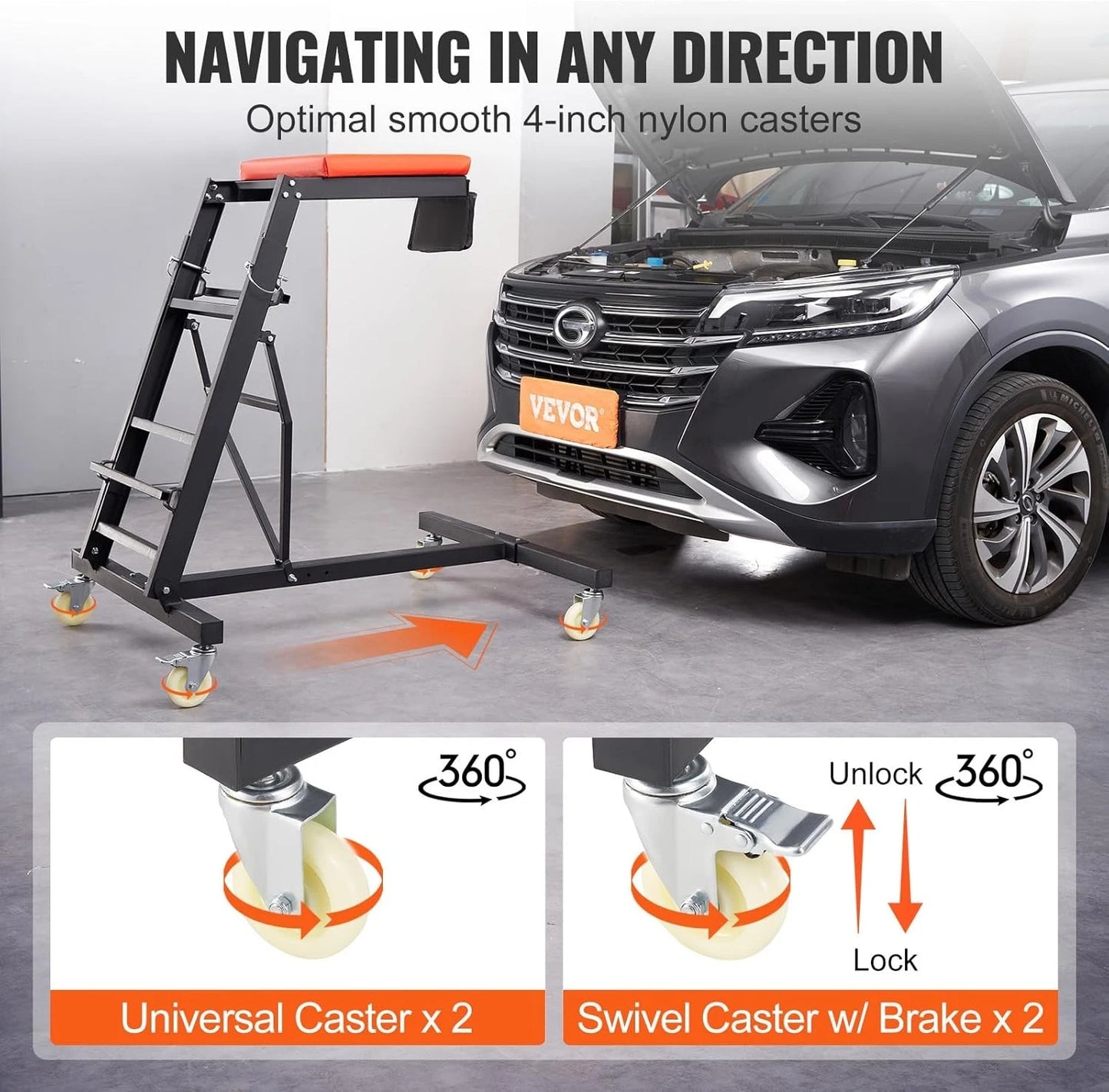 Top Automotive Creeper, with Adjustable Height 45.7" to 48-64 inch